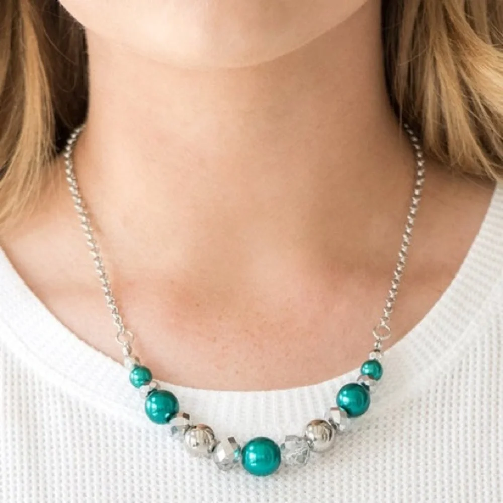 Green and Silver Necklace and Earrings Set